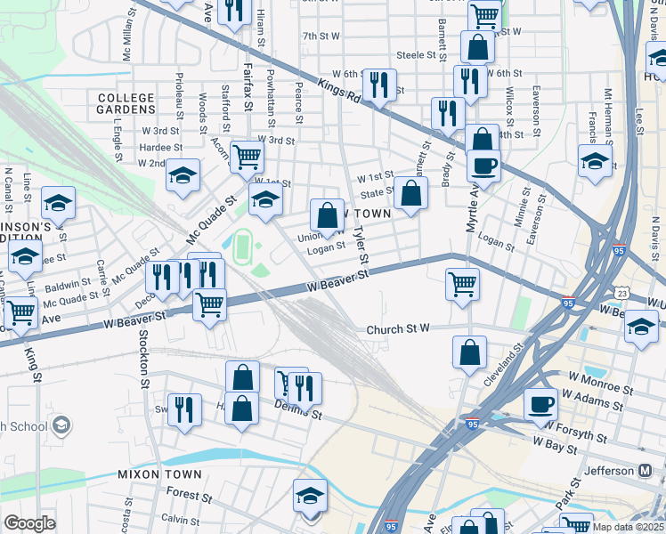 map of restaurants, bars, coffee shops, grocery stores, and more near 1562 Morgan Street in Jacksonville
