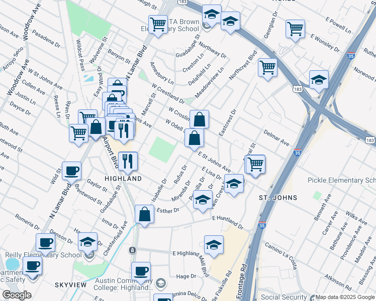 map of restaurants, bars, coffee shops, grocery stores, and more near 203 West Saint Johns Avenue in Austin