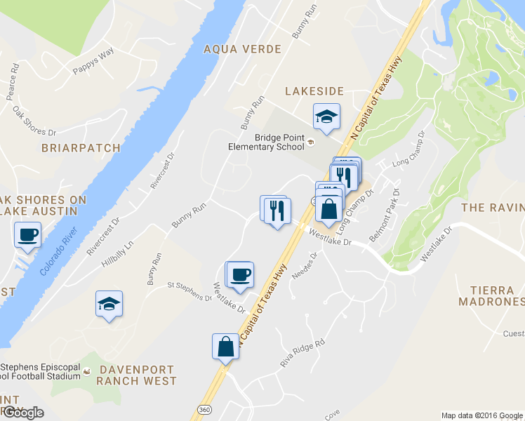 map of restaurants, bars, coffee shops, grocery stores, and more near 8110 Westlake Drive in Austin