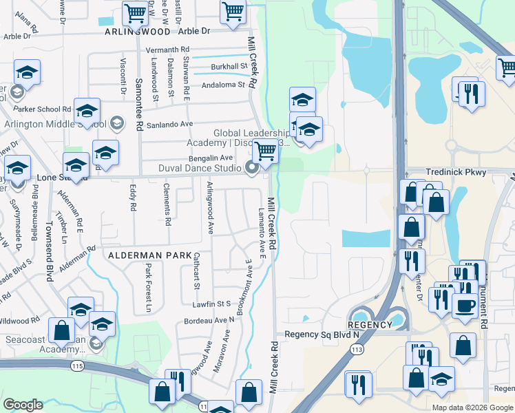 map of restaurants, bars, coffee shops, grocery stores, and more near 1408 Lamanto Avenue East in Jacksonville