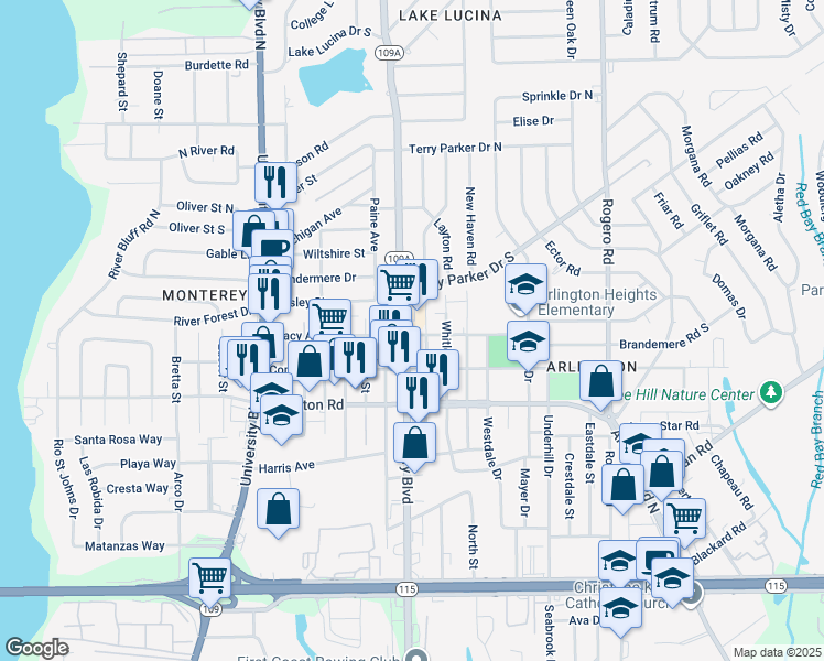 map of restaurants, bars, coffee shops, grocery stores, and more near 1513 Florida 109A in Jacksonville