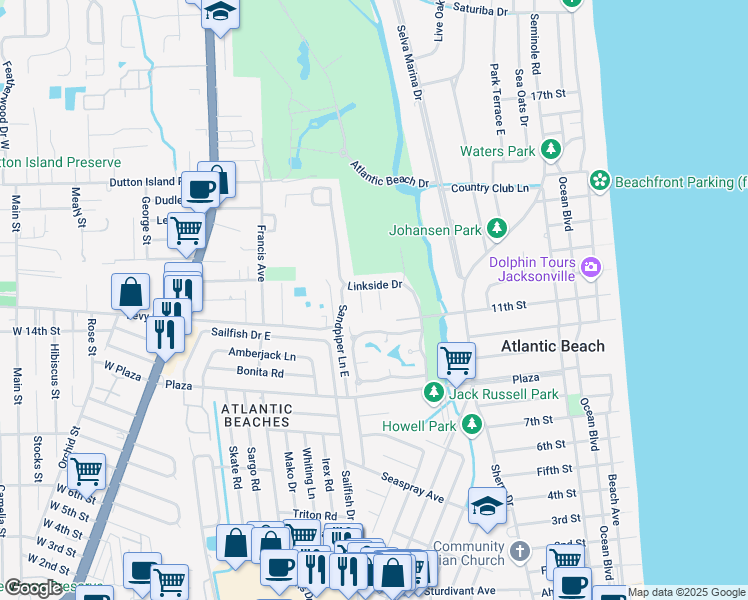 map of restaurants, bars, coffee shops, grocery stores, and more near 1158 Linkside Court East in Atlantic Beach
