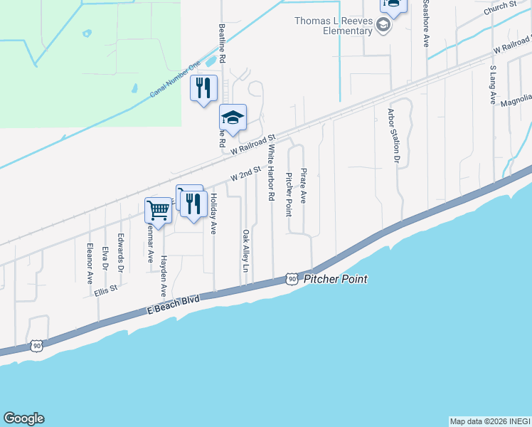 map of restaurants, bars, coffee shops, grocery stores, and more near 205 White Harbor Rd in Long Beach