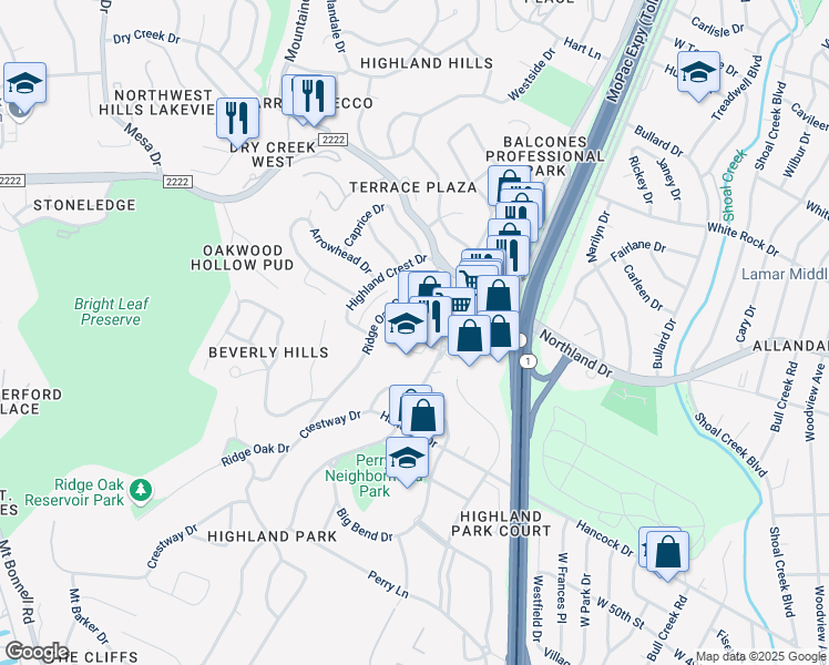 map of restaurants, bars, coffee shops, grocery stores, and more near 5334 Balcones Drive in Austin