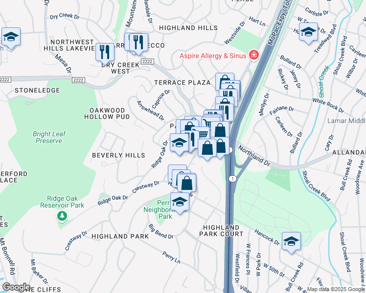 map of restaurants, bars, coffee shops, grocery stores, and more near 5334 Balcones Drive in Austin