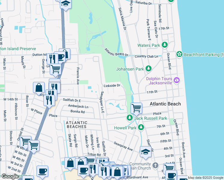 map of restaurants, bars, coffee shops, grocery stores, and more near 1158 Linkside Court East in Atlantic Beach