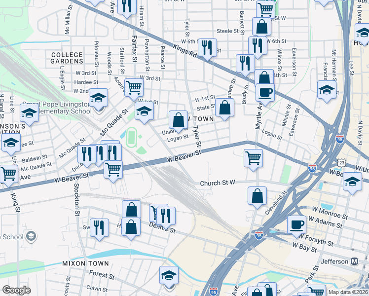 map of restaurants, bars, coffee shops, grocery stores, and more near 1562 Morgan Street in Jacksonville