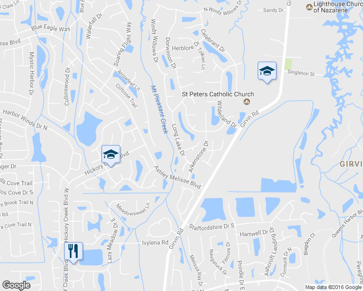 map of restaurants, bars, coffee shops, grocery stores, and more near 857 Long Lake Drive in Jacksonville