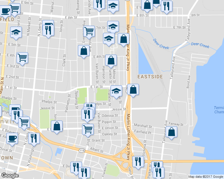 map of restaurants, bars, coffee shops, grocery stores, and more near in Jacksonville