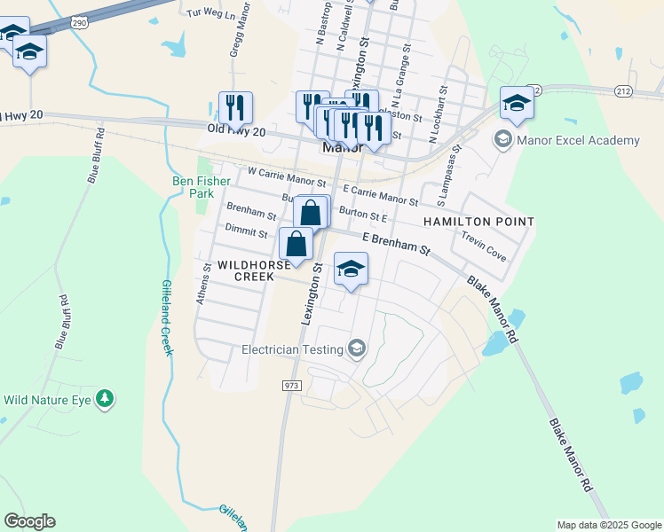 map of restaurants, bars, coffee shops, grocery stores, and more near 12320-12498 Farm to Market 973 in Manor
