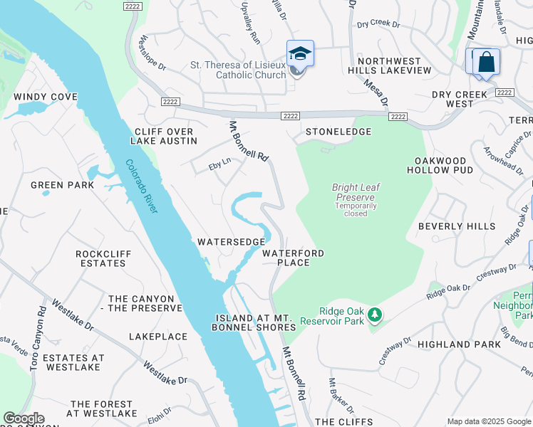 map of restaurants, bars, coffee shops, grocery stores, and more near 4901-5089 Mount Bonnell Road in Austin