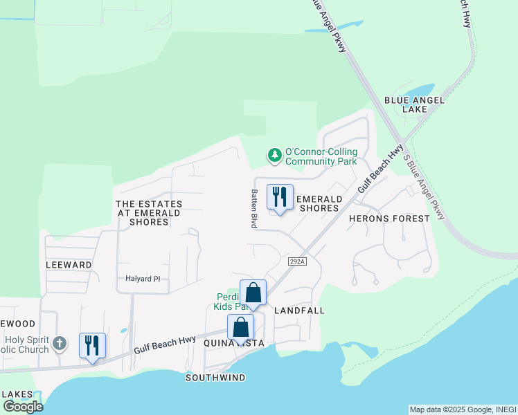 map of restaurants, bars, coffee shops, grocery stores, and more near 581 Batten Boulevard in Pensacola