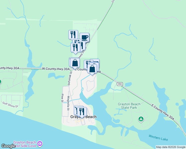 map of restaurants, bars, coffee shops, grocery stores, and more near 50 Uptown Grayton Circle in Santa Rosa Beach