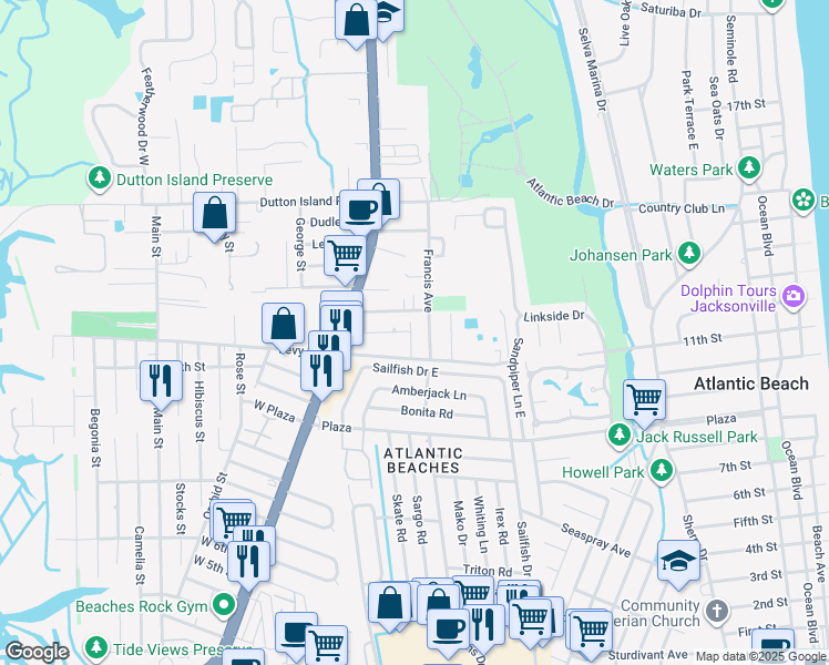 map of restaurants, bars, coffee shops, grocery stores, and more near 1615 Richardson Lane in Atlantic Beach