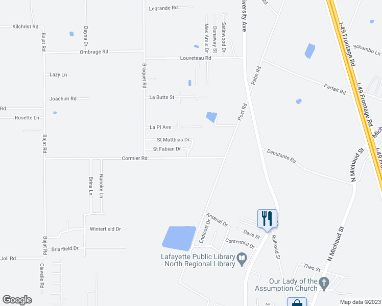 map of restaurants, bars, coffee shops, grocery stores, and more near 102 Saint Matthias Drive in Carencro