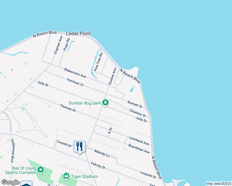 map of restaurants, bars, coffee shops, grocery stores, and more near 140 Fox Drive in Bay St. Louis