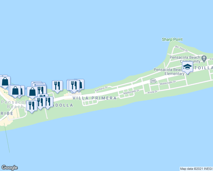 map of restaurants, bars, coffee shops, grocery stores, and more near 215 Panferio Drive in Pensacola Beach