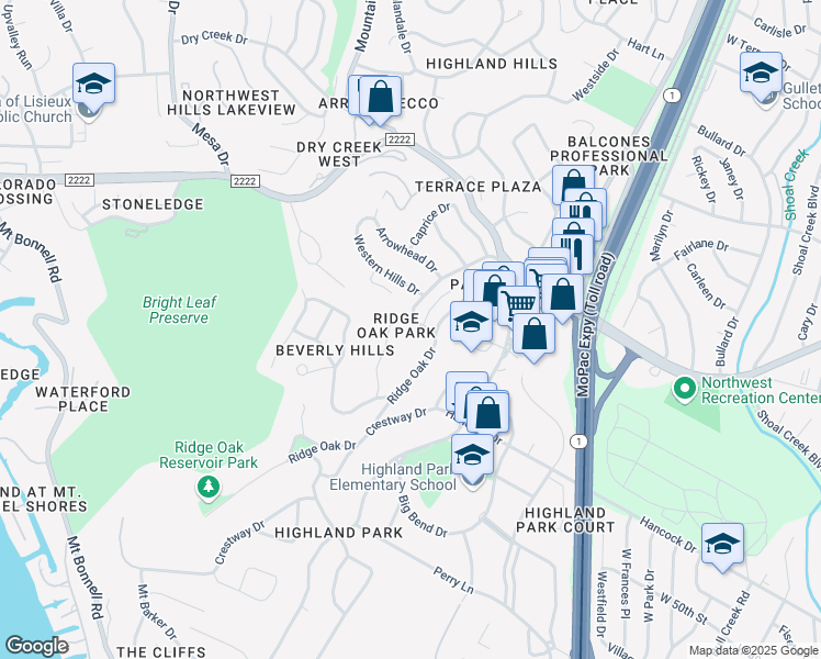 map of restaurants, bars, coffee shops, grocery stores, and more near 5304 Western Hills Drive in Austin