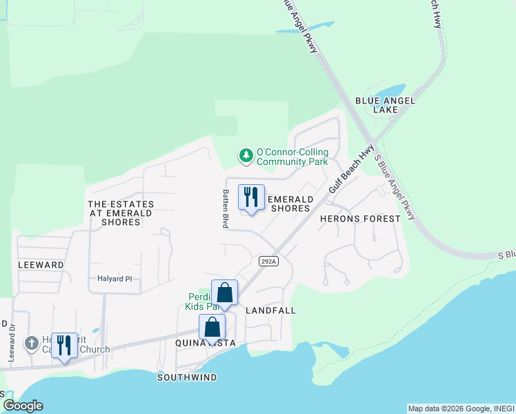 map of restaurants, bars, coffee shops, grocery stores, and more near 390 Mizzen Lane in Pensacola