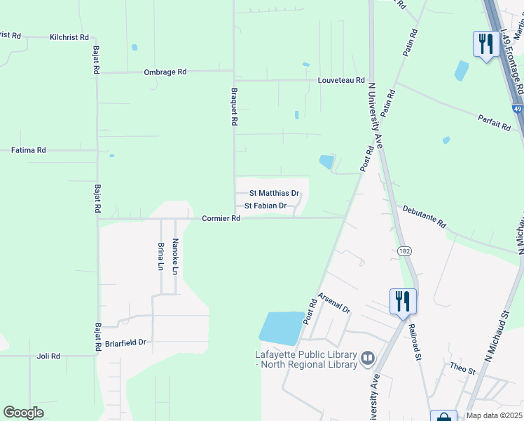 map of restaurants, bars, coffee shops, grocery stores, and more near 116 Saint Fabian Drive in Carencro