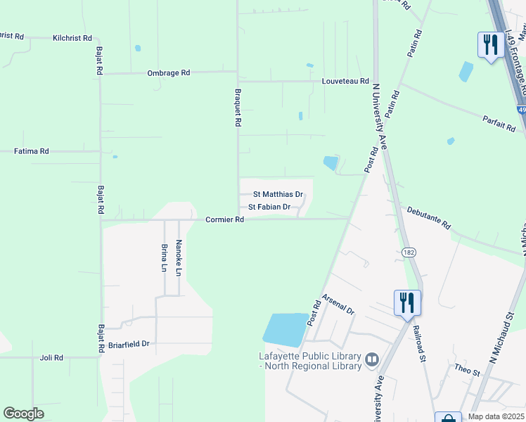 map of restaurants, bars, coffee shops, grocery stores, and more near 114 Saint Fabian Drive in Carencro