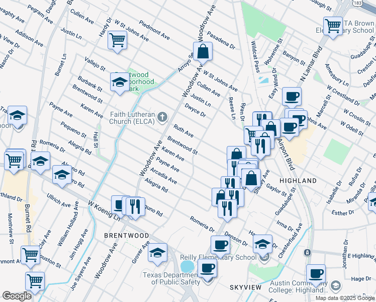 map of restaurants, bars, coffee shops, grocery stores, and more near 1203 Brentwood Street in Austin