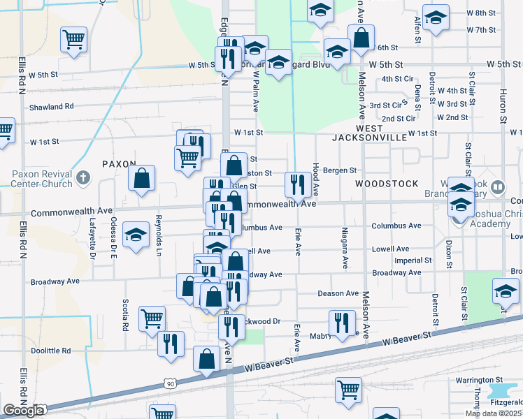 map of restaurants, bars, coffee shops, grocery stores, and more near 3470 Commonwealth Avenue in Jacksonville