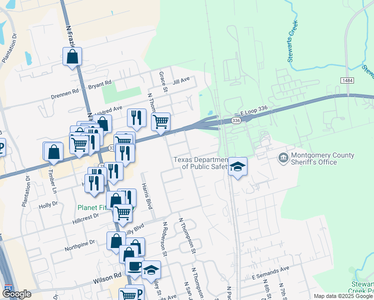 map of restaurants, bars, coffee shops, grocery stores, and more near 300 Heidelberg Street in Conroe