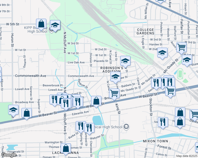 map of restaurants, bars, coffee shops, grocery stores, and more near 2249 Bradford Street in Jacksonville