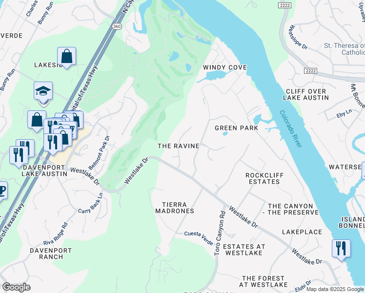 map of restaurants, bars, coffee shops, grocery stores, and more near 4201 Ravine Ridge Trail in Austin