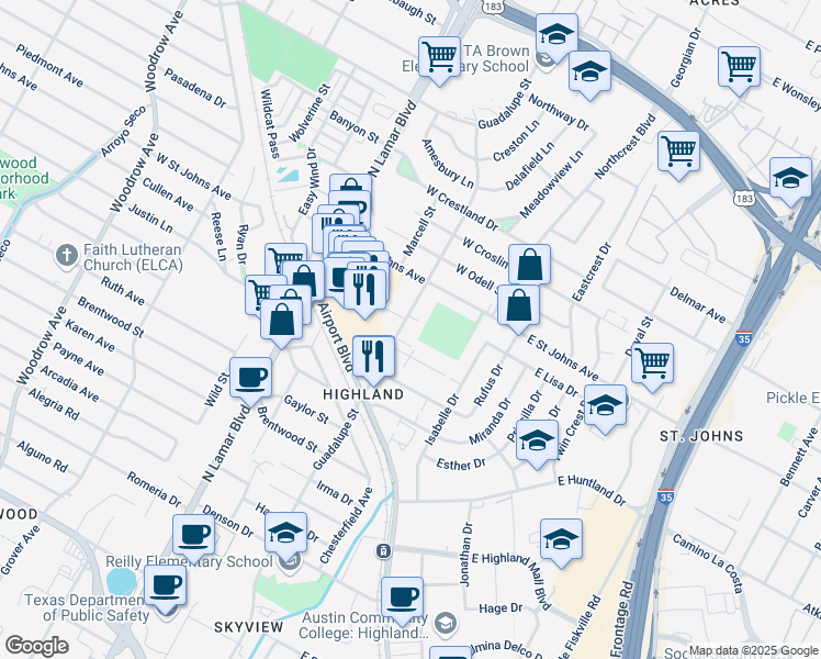 map of restaurants, bars, coffee shops, grocery stores, and more near 401 West Saint Johns Avenue in Austin