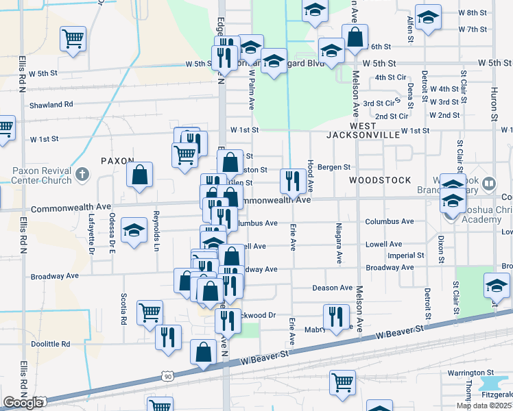 map of restaurants, bars, coffee shops, grocery stores, and more near 3470 Commonwealth Avenue in Jacksonville