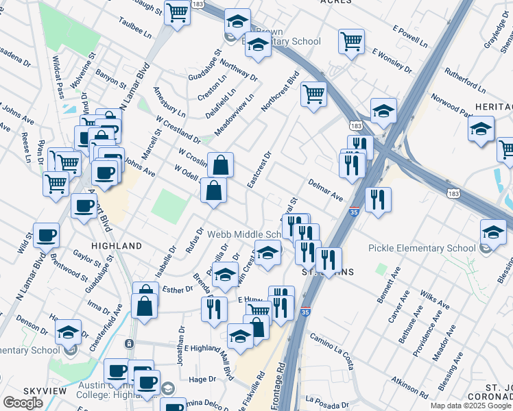map of restaurants, bars, coffee shops, grocery stores, and more near 7209 Eastcrest Drive in Austin