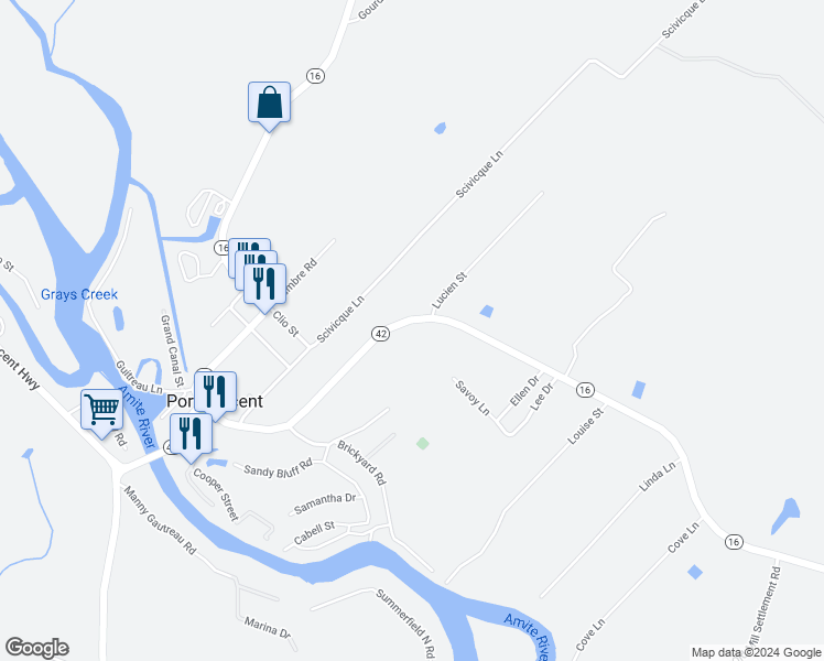 map of restaurants, bars, coffee shops, grocery stores, and more near 17739 Louisiana 16 in Port Vincent
