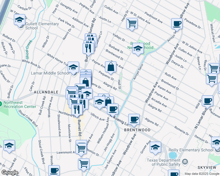 map of restaurants, bars, coffee shops, grocery stores, and more near 1901 Alegria Road in Austin