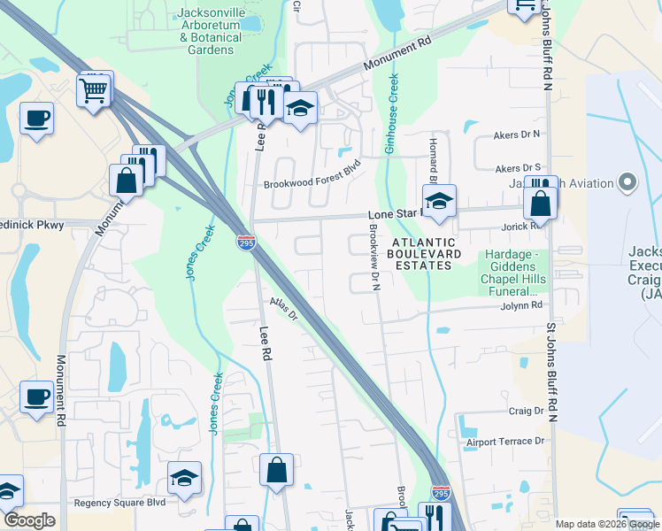 map of restaurants, bars, coffee shops, grocery stores, and more near 861 Jackson Road in Jacksonville