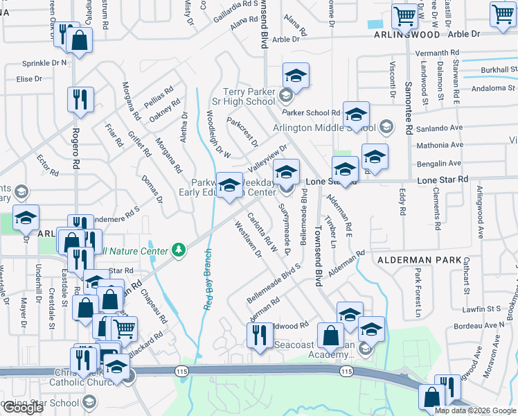 map of restaurants, bars, coffee shops, grocery stores, and more near 1314 Grandview Drive in Jacksonville