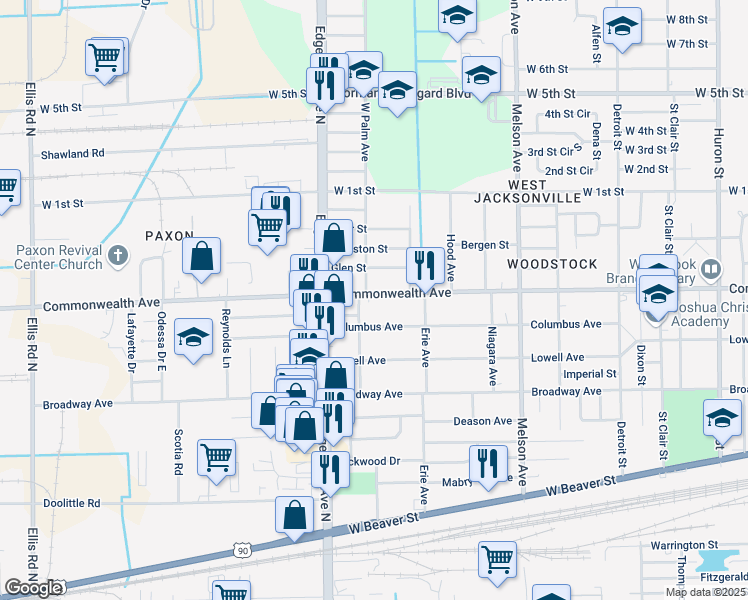 map of restaurants, bars, coffee shops, grocery stores, and more near 3470 Commonwealth Avenue in Jacksonville