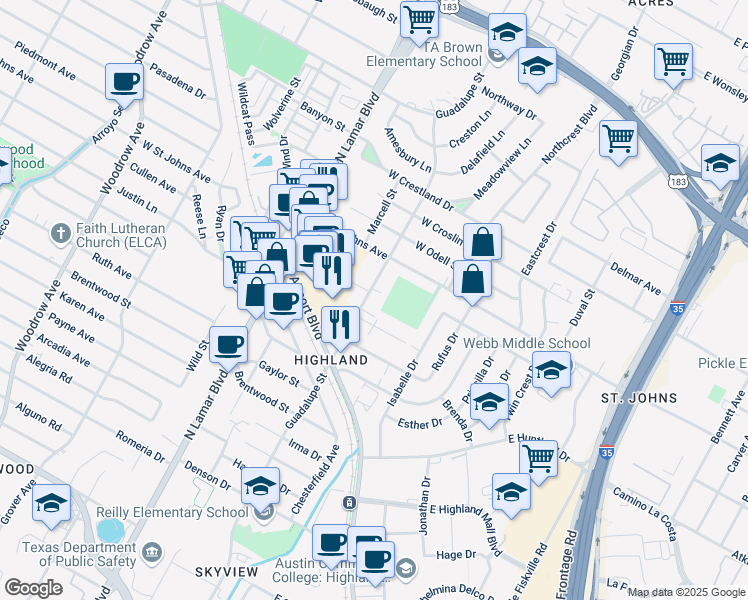 map of restaurants, bars, coffee shops, grocery stores, and more near 401 West Saint Johns Avenue in Austin