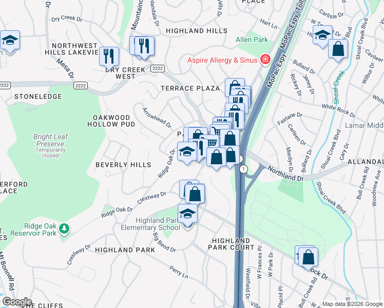 map of restaurants, bars, coffee shops, grocery stores, and more near 5334 Balcones Drive in Austin