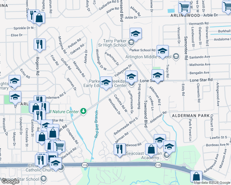 map of restaurants, bars, coffee shops, grocery stores, and more near 1321 Carlotta Road West in Jacksonville