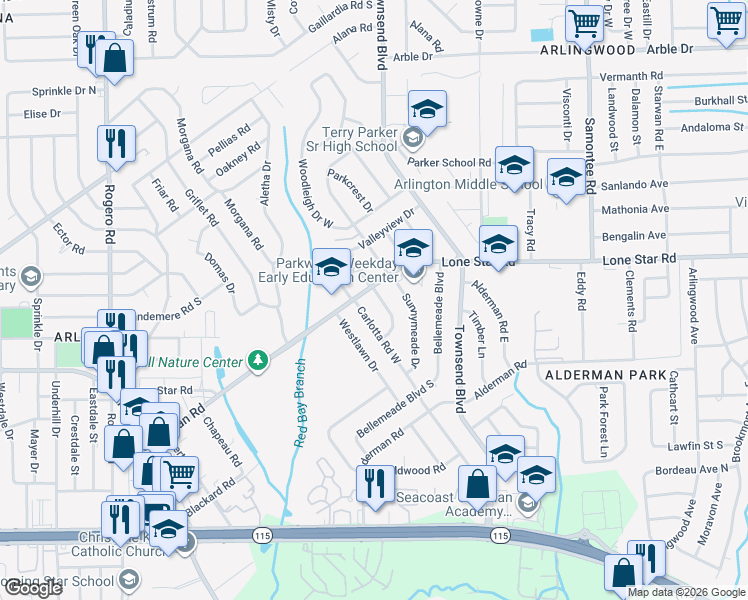 map of restaurants, bars, coffee shops, grocery stores, and more near 1314 Grandview Drive in Jacksonville