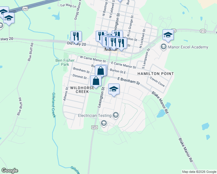 map of restaurants, bars, coffee shops, grocery stores, and more near 12320-12498 Farm to Market 973 in Manor