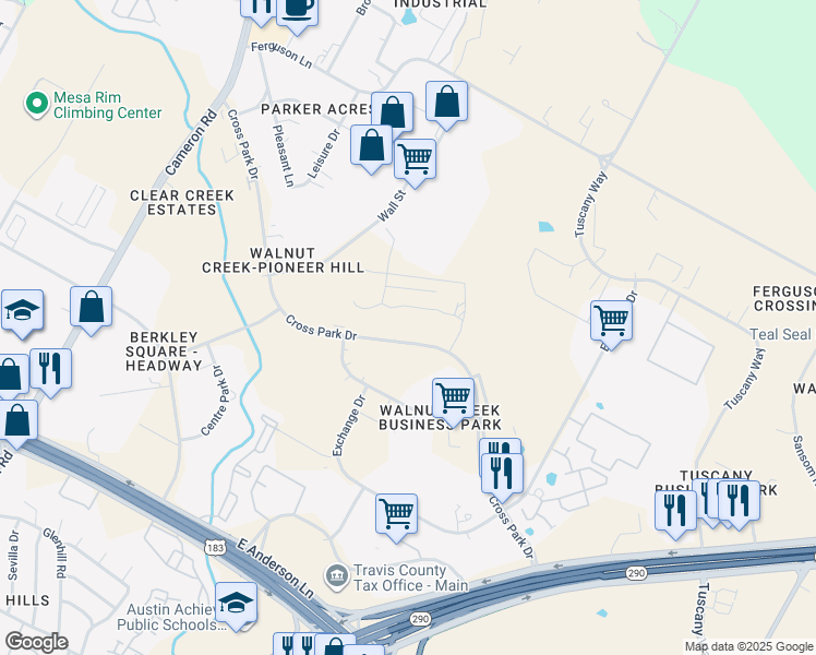 map of restaurants, bars, coffee shops, grocery stores, and more near 8317 Cross Park Drive in Austin