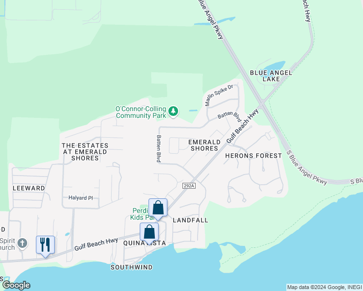 map of restaurants, bars, coffee shops, grocery stores, and more near 392 Mizzen Lane in Pensacola