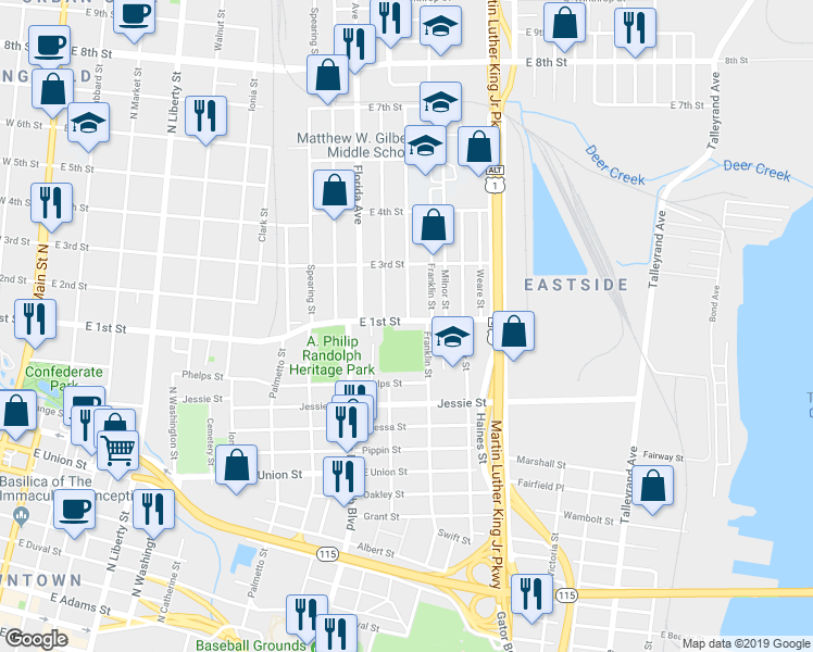 map of restaurants, bars, coffee shops, grocery stores, and more near 1122 East 1st Street in Jacksonville