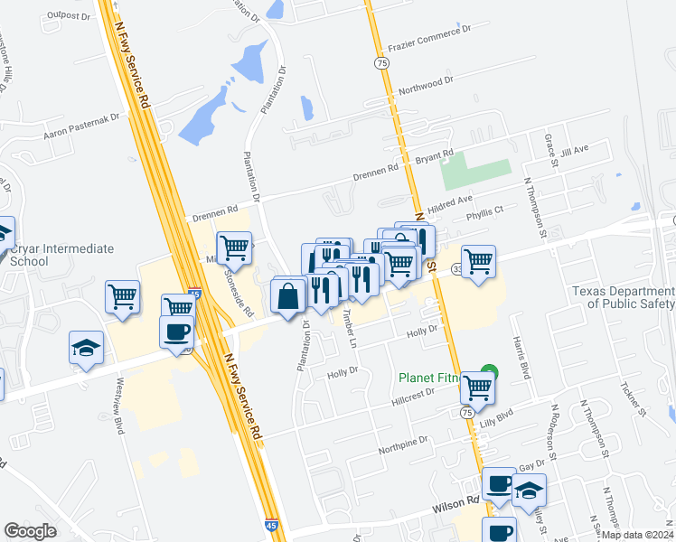 map of restaurants, bars, coffee shops, grocery stores, and more near 1108 North Loop 336 West in Conroe