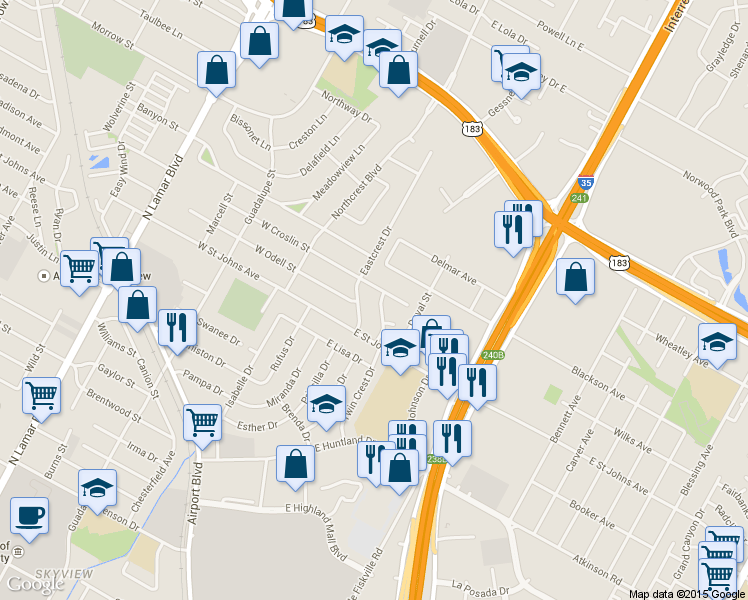 map of restaurants, bars, coffee shops, grocery stores, and more near 7209 Eastcrest Drive in Austin