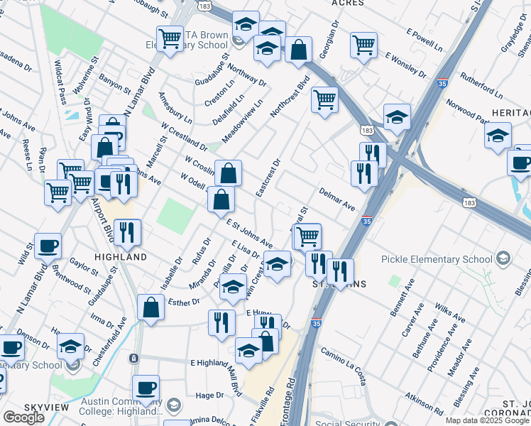 map of restaurants, bars, coffee shops, grocery stores, and more near 7209 Eastcrest Drive in Austin