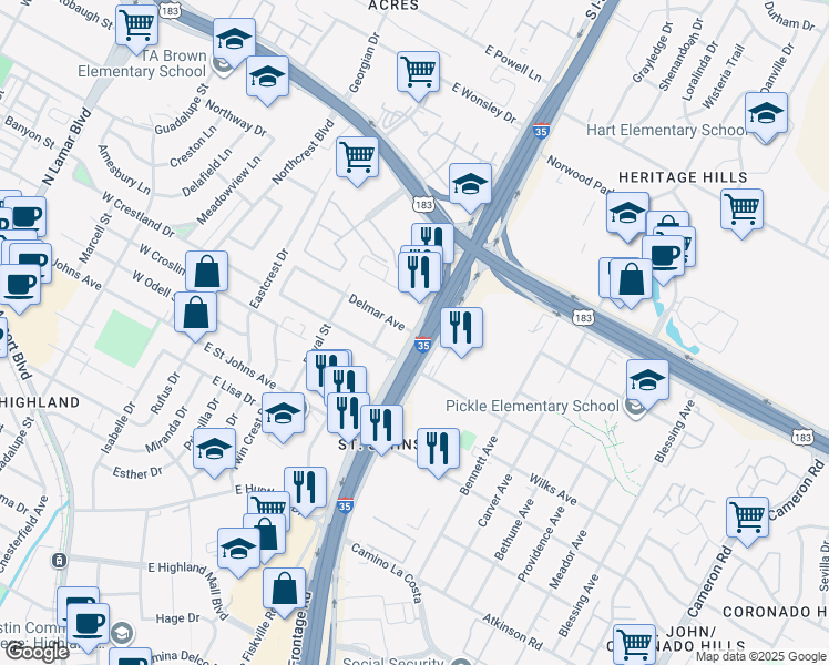 map of restaurants, bars, coffee shops, grocery stores, and more near Interstate 35 Frontage Rd & Delmar Ave in Austin
